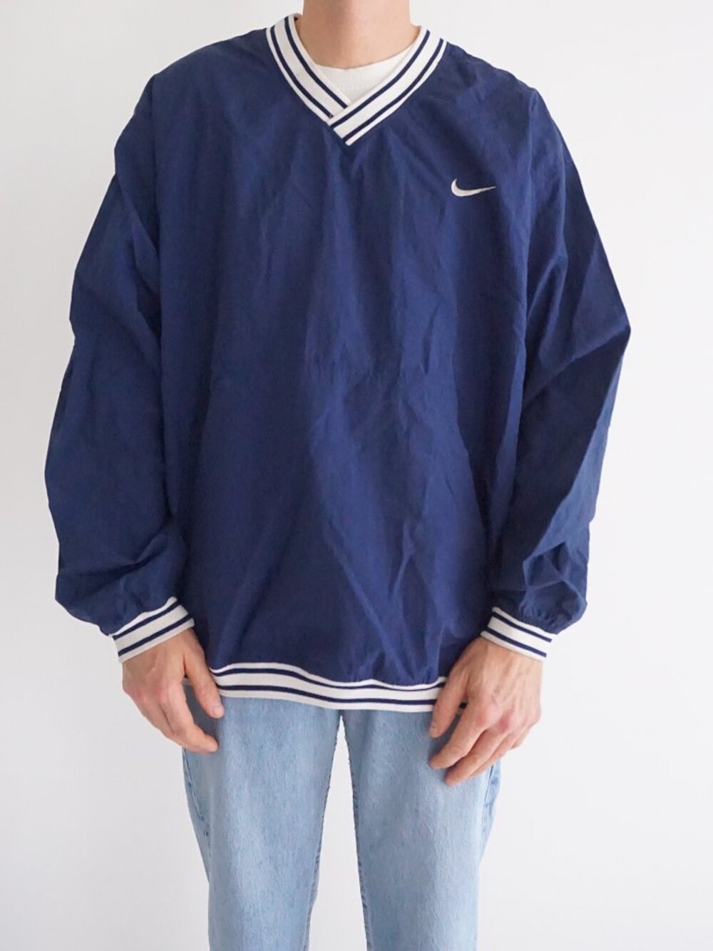 Vintage Nike Navy White Swoosh Stripe V Neck Athletic Long Sleeve Windbreaker XL